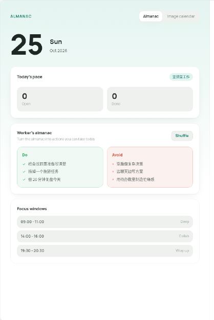 Anpai web Almanac: today’s do/avoid and focus windows