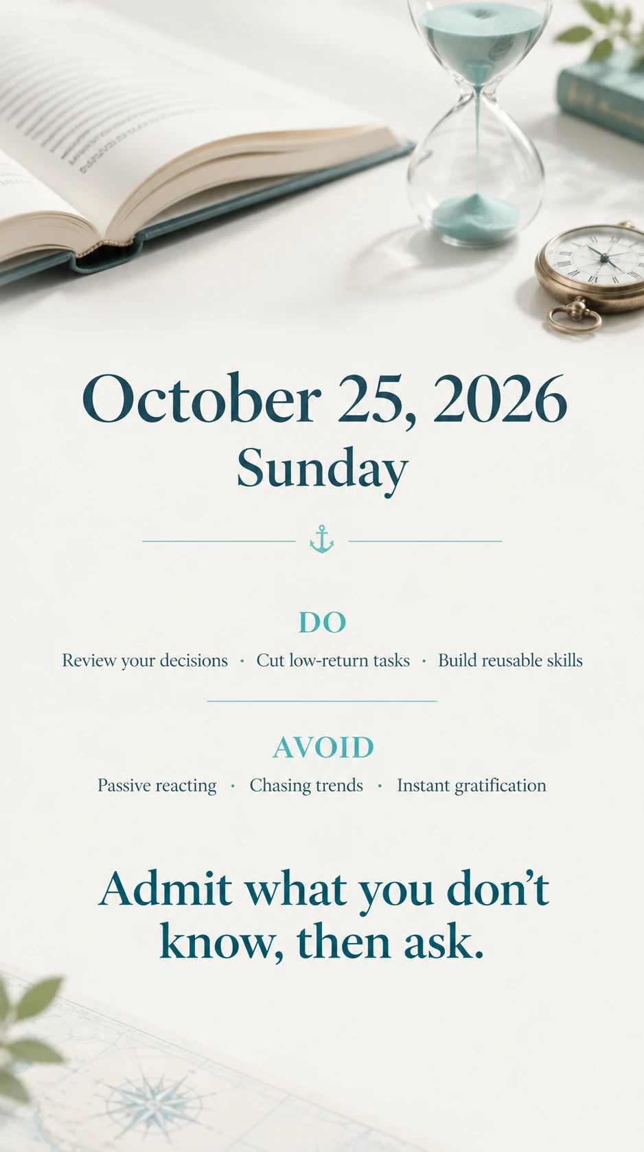 English Naval Almanack image-calendar poster for 25 October 2026: DO and AVOID, and the quote “Admit what you don’t know, then ask.”