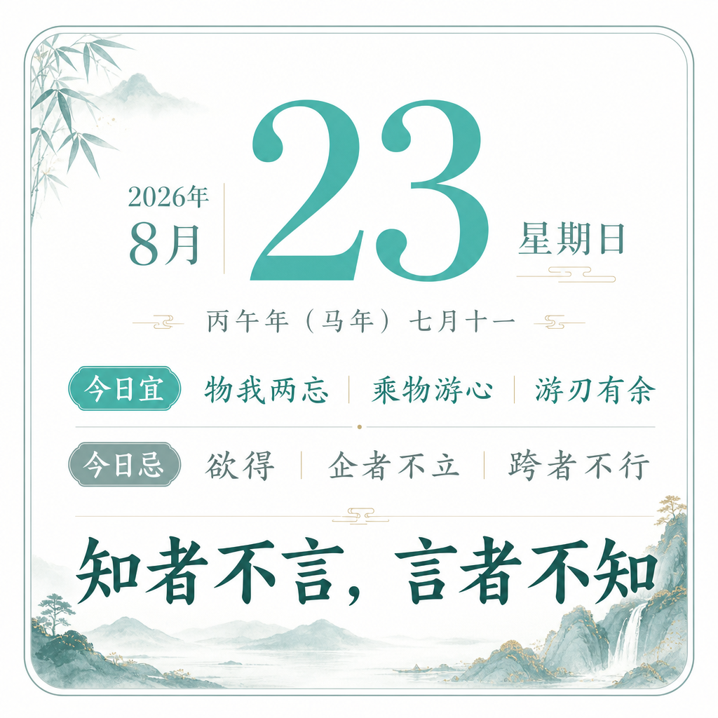 图历海报：2026年8月23日，公历农历干支、今日宜忌与引语